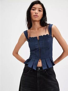FREE PEOPLE Hold You Close Corset in Blue Combo Navy Pinstripe Peplum Top